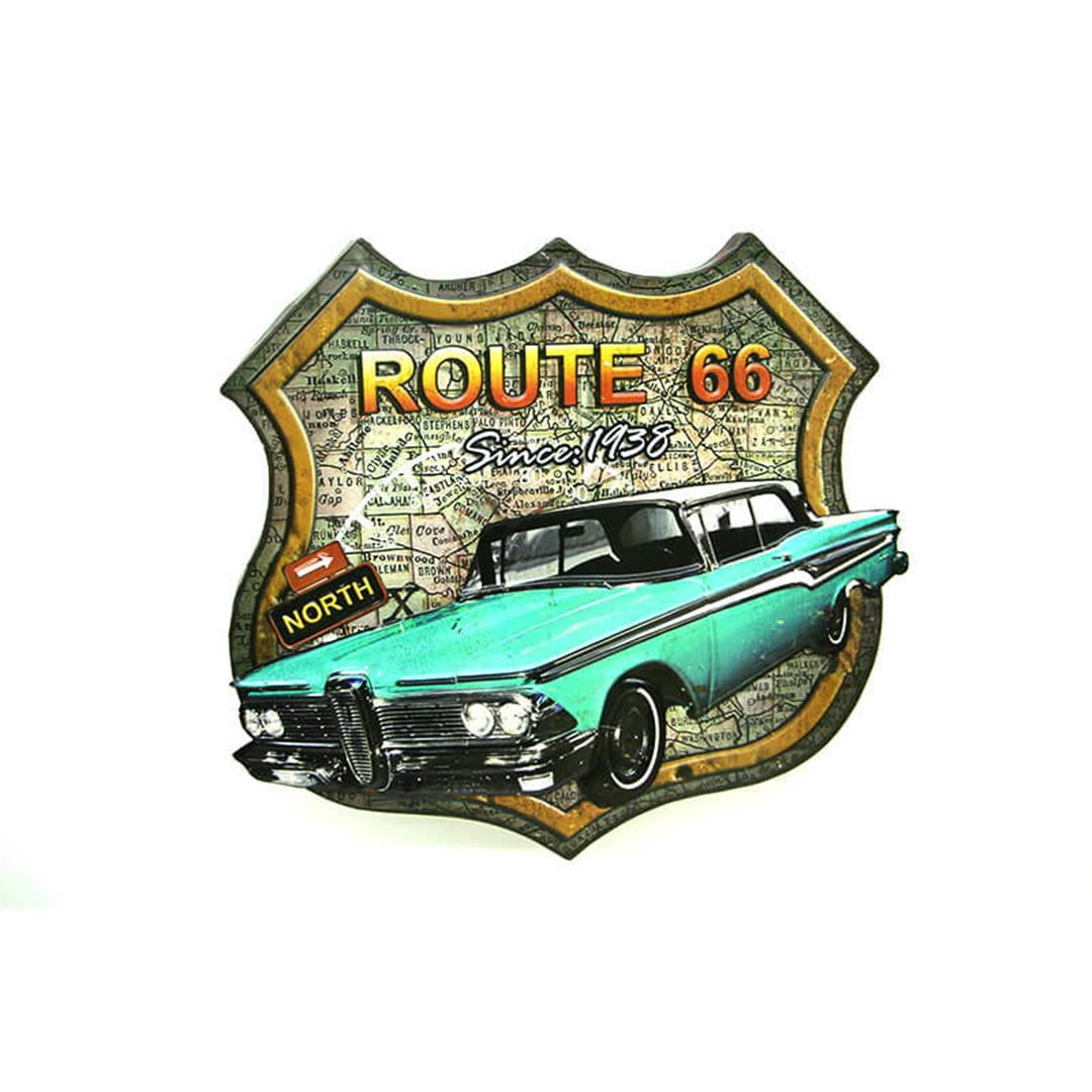 Dekoratif 3D Route66&Mavi Chevrolet Temalı Duvar Panosu
